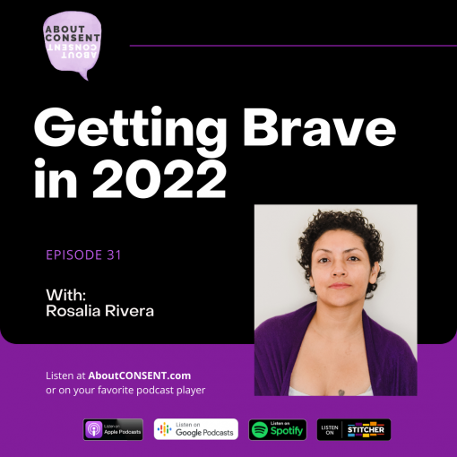 Black background, white text that reads "Getting Brave in 2022". To the left is a headshot photo of a woman with short curly hair and a purple sweater